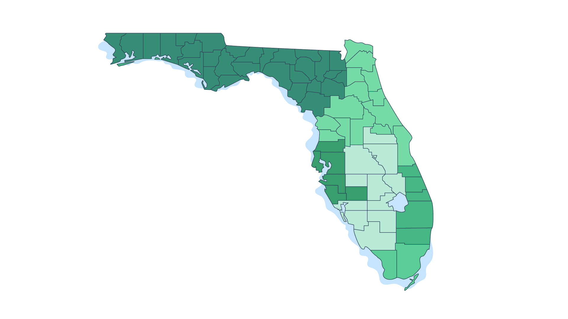 An outline map of Florida with its counties shaded in varying tones of green.