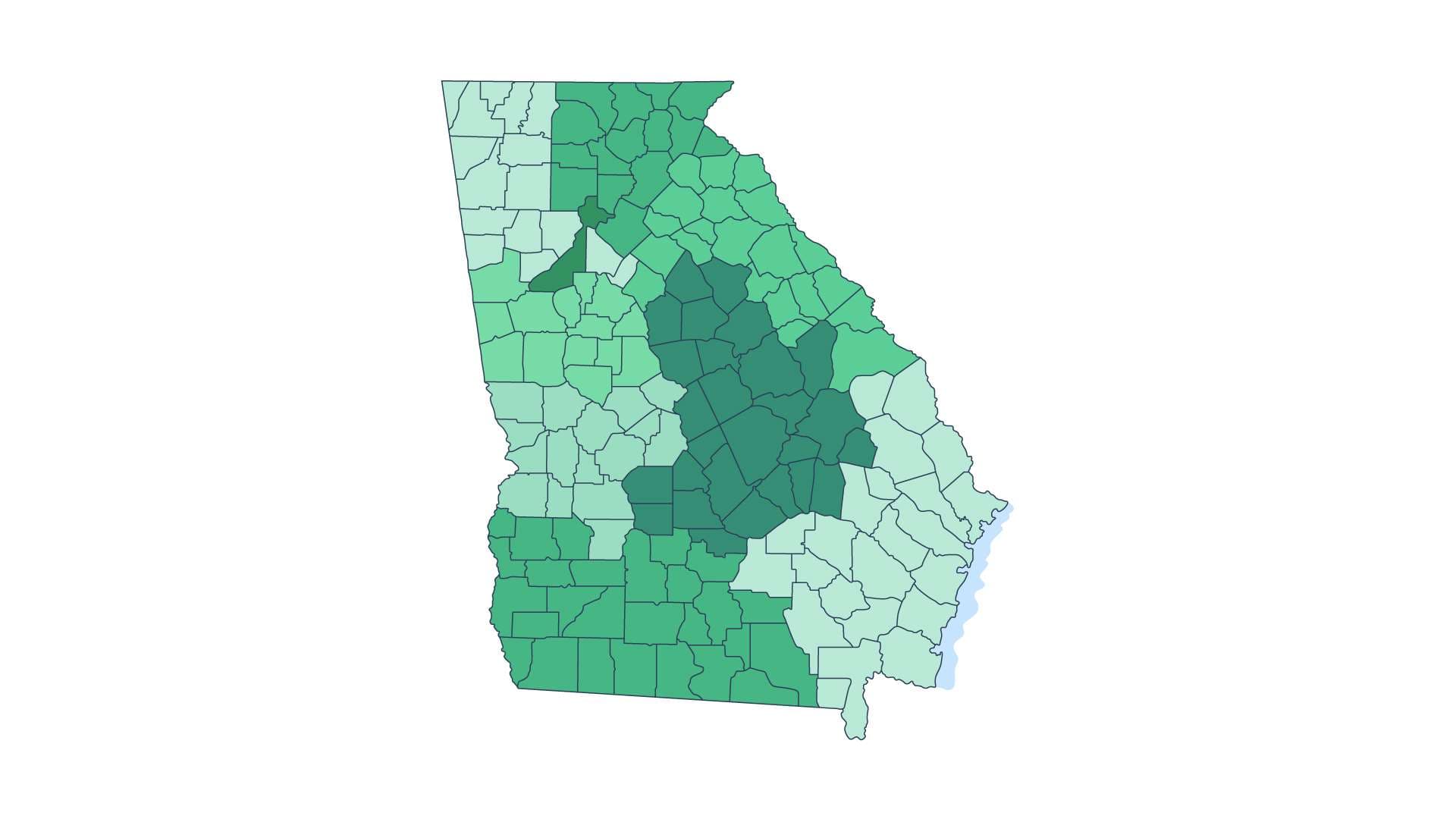 An outline map of Georgia with its counties shaded in varying tones of green.