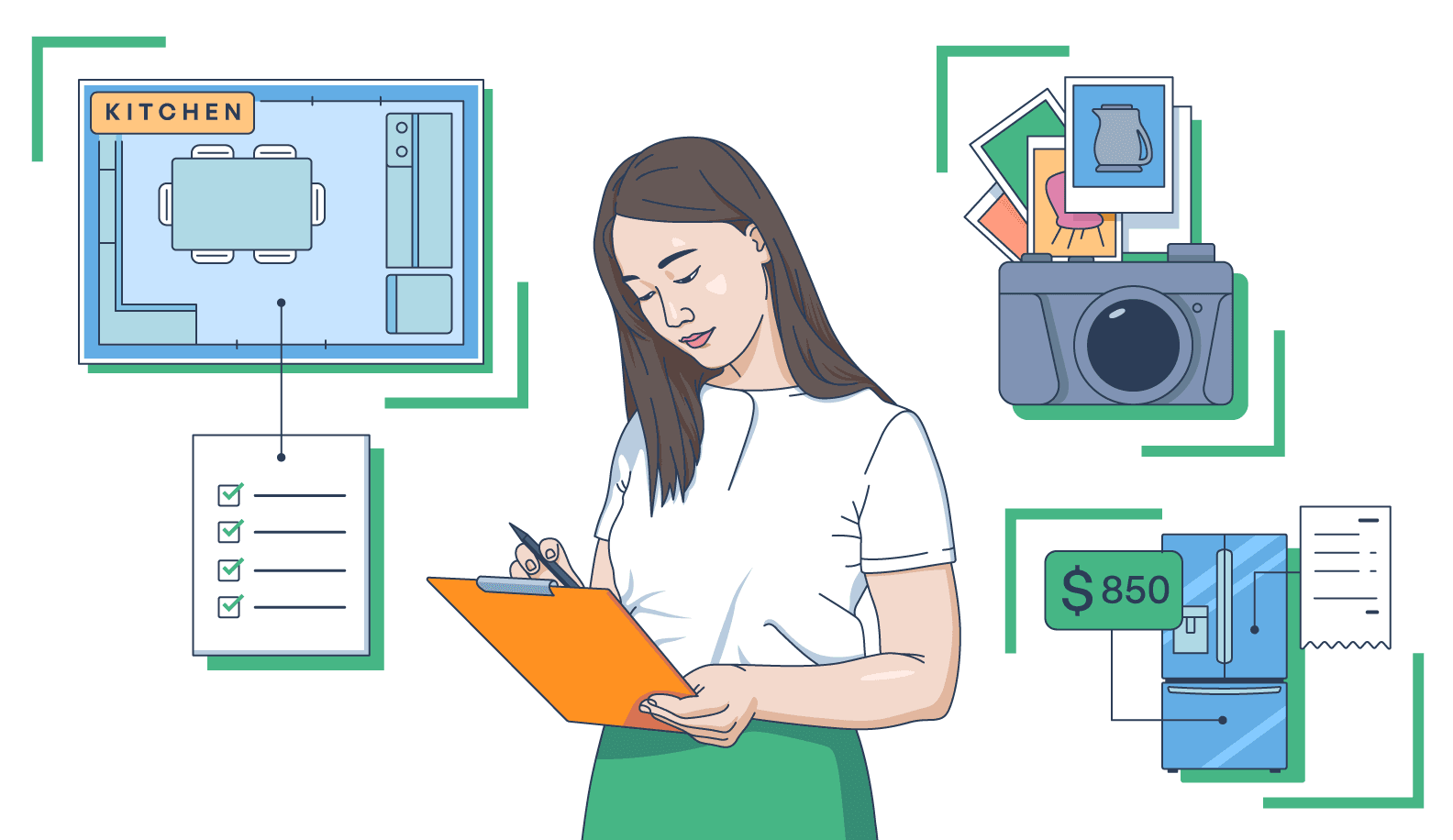 Illustration of a woman writing on a clipboard, surrounded by a kitchen floor plan, a ticked checklist, photographs, a camera, and a refrigerator tagged at $850.