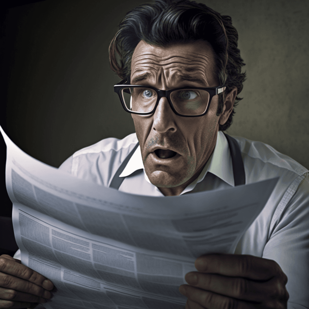 A man in glasses and a shirt and tie reads a long insurance document with a startled expression.