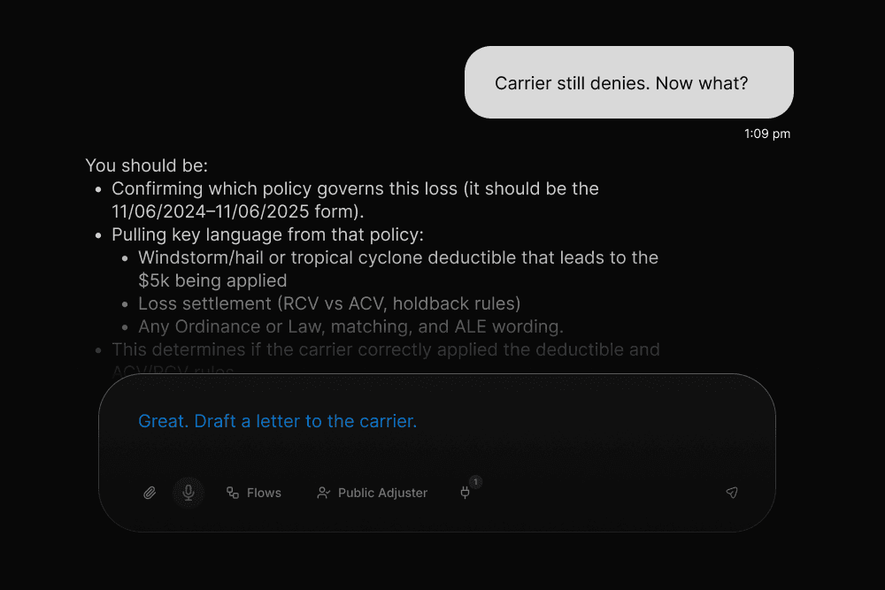Illustration of a user asking Brelly to analyze a carrier response and draft a letter