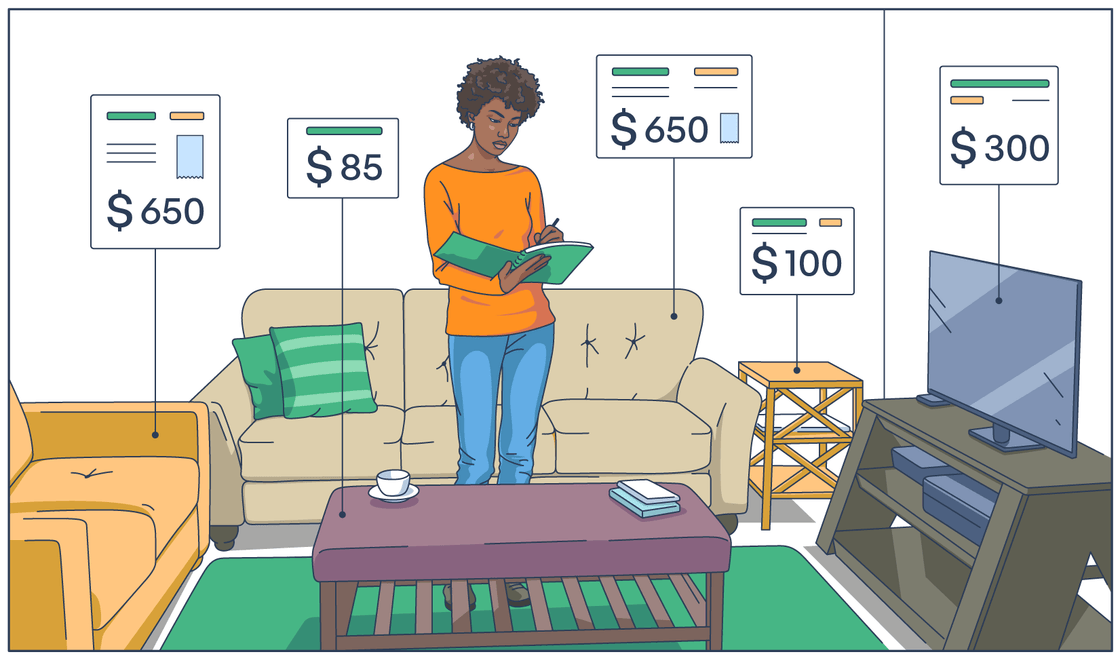 Illustration of a woman writing in a notebook in her living room, with price tags of $650, $85, $650, $100, and $300 attached to the furniture and television around her.
