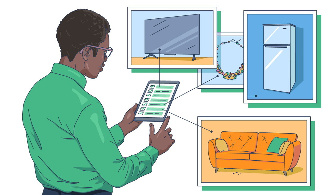 Illustration of a man tagging a television, a necklace, a refrigerator, and a couch from a checklist on a tablet.