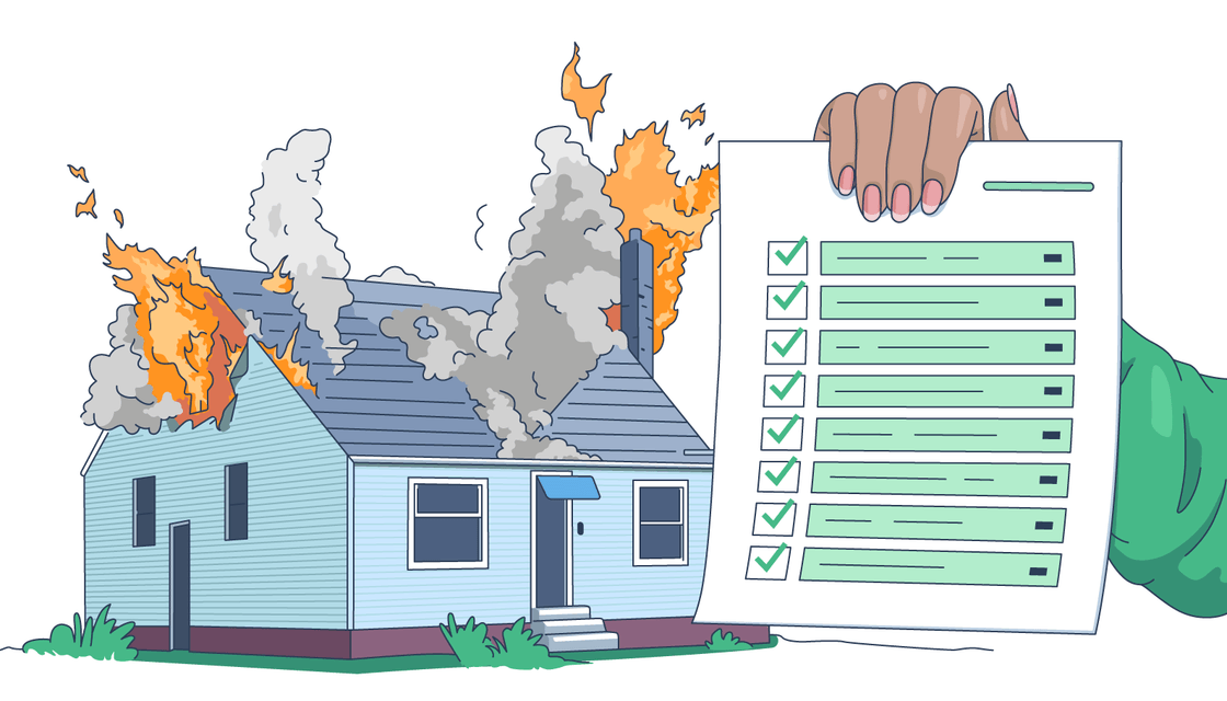 Illustration of a house on fire beside a hand holding a completed, fully ticked inventory checklist.