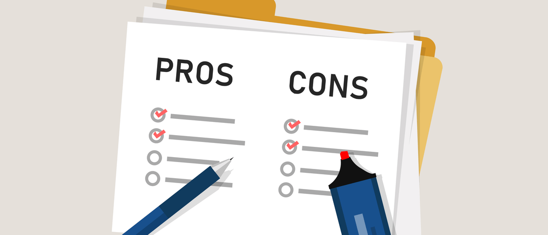 A sheet of paper headed PROS and CONS with partly ticked checklists under each, a pen and highlighter resting on it.