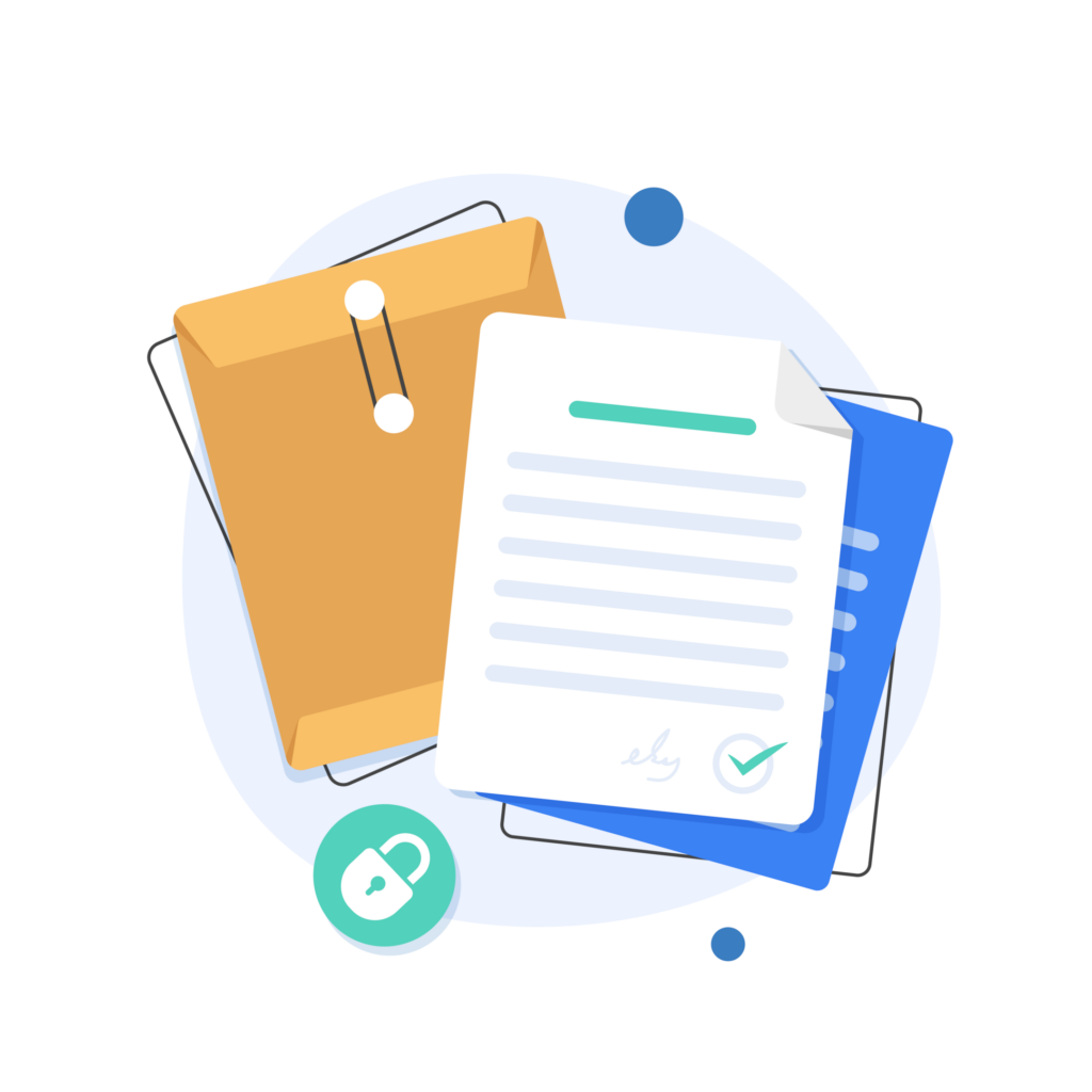 An illustration of a signed document with a padlock icon, layered over a manila envelope and folders.