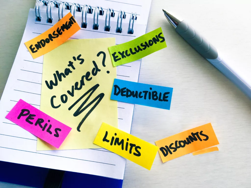 A notepad with a sticky note asking what is covered, surrounded by coloured labels reading endorsement, exclusions, deductible, perils, limits, and discounts.