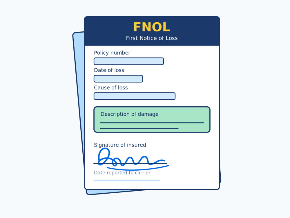 A first notice of loss form with policy number, date and cause of loss fields