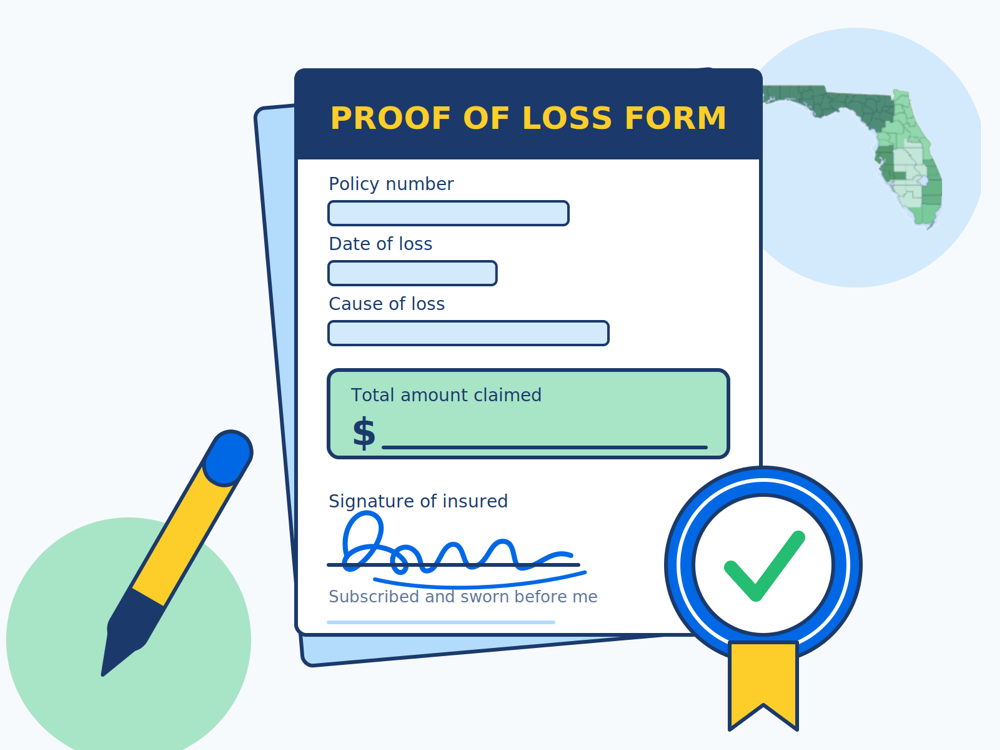 A signed proof of loss form with a Florida map and an approval seal