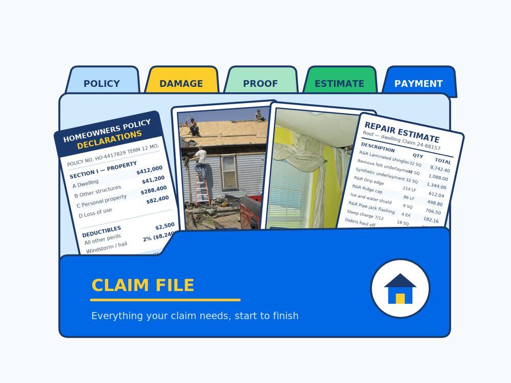 A claim file folder with policy, damage, proof, estimate and payment tabs